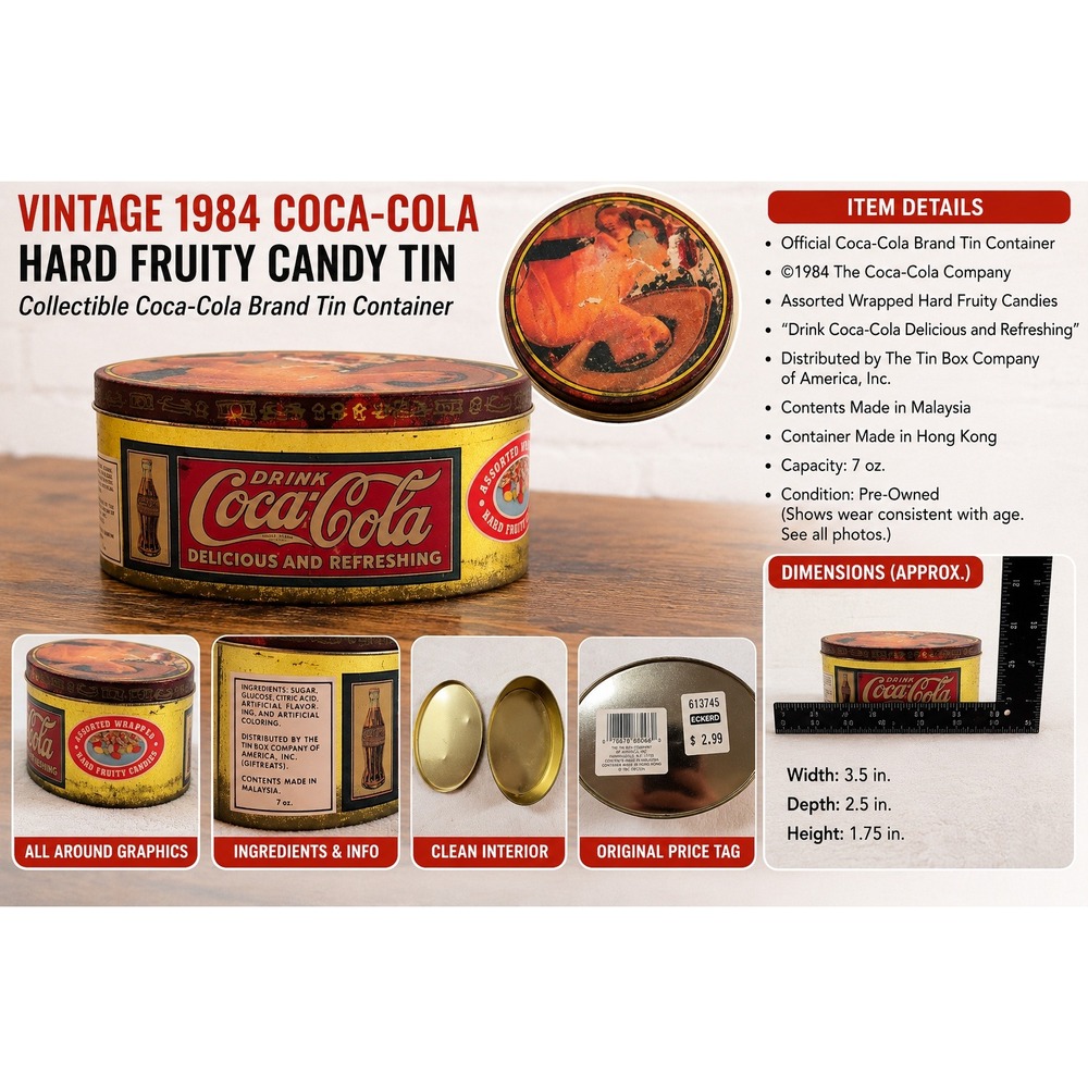 Vtg 1984 Coca-Cola Candy Tin Oval Gold Metal Tin Box Company 1980s Soda Decor